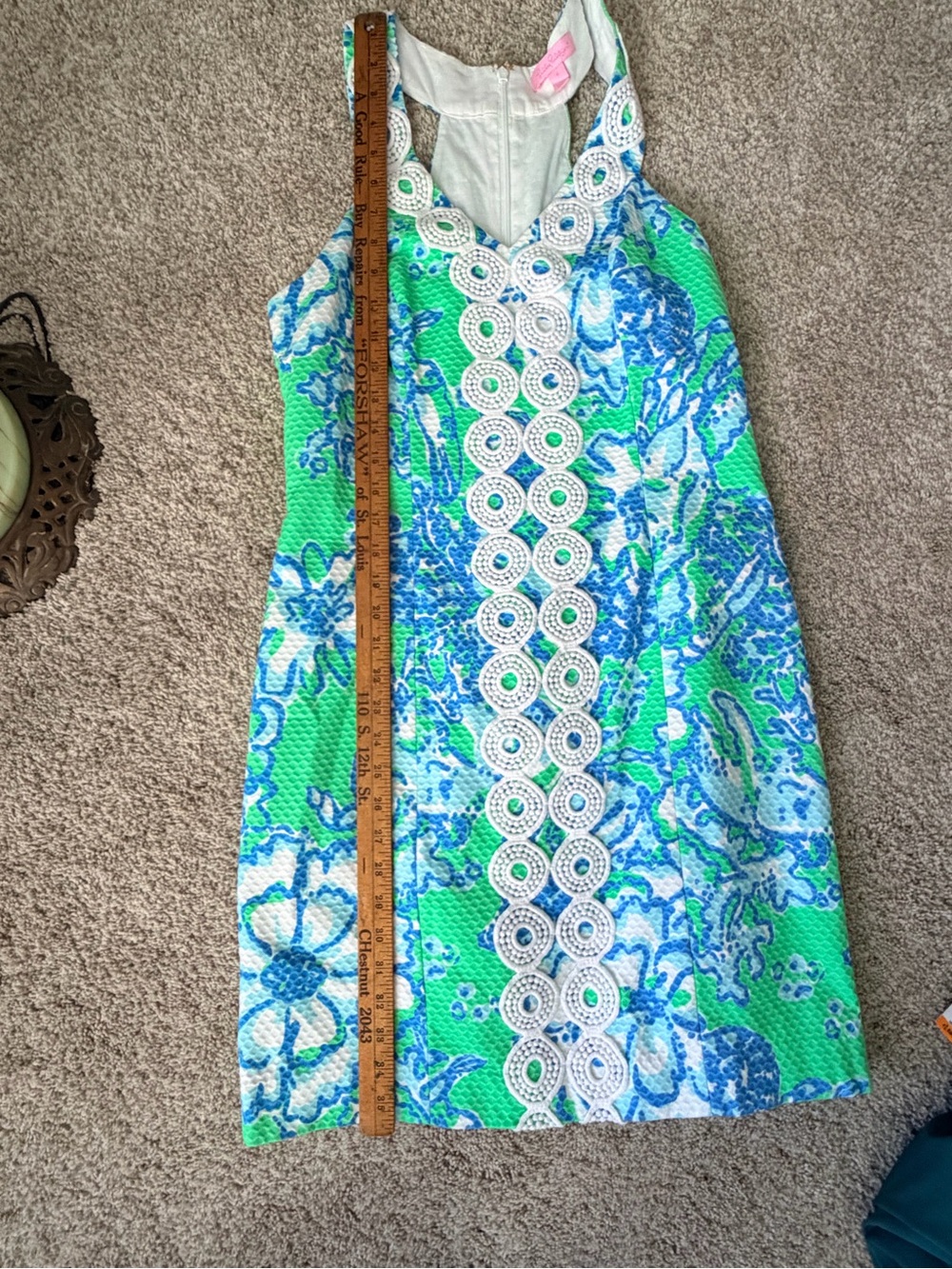 Lilly Pulitzer Size 6 Green Blue Floral Crochet Trim Shift Dress - Picture 3 of 6